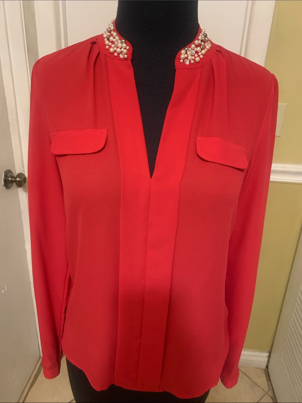 Candies Beaded -Collar Red V-Neck Women's Blouse